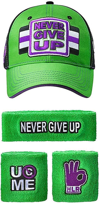 John Cena Never Give Up Green Purple Baseball Hat Headband Wristband Set by EWS | Extreme Wrestling Shirts
