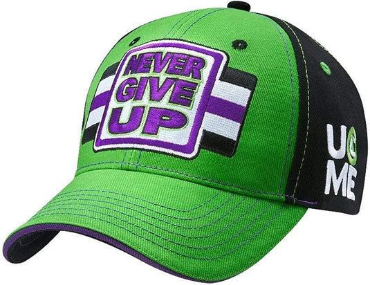 John Cena Never Give Up Green Purple Baseball Hat Headband Wristband Set by EWS | Extreme Wrestling Shirts