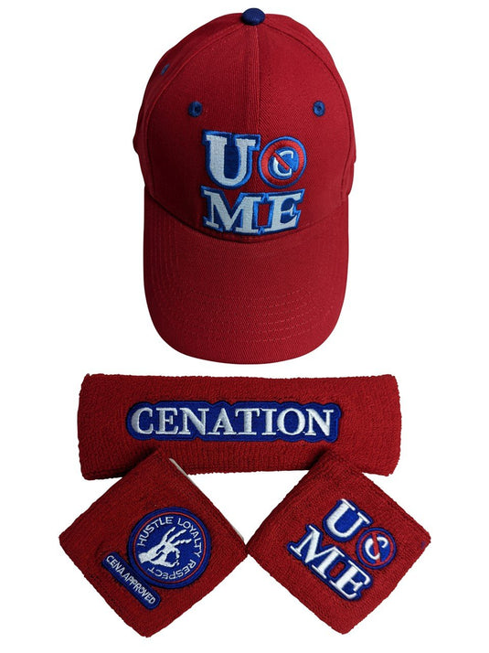 John Cena Red Persevere Never Give Up Baseball Hat Headband Wristband Set by WWE | Extreme Wrestling Shirts