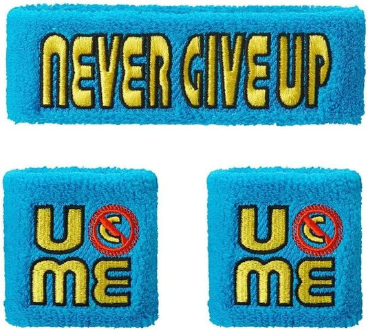 John Cena THROWBACK Never Give Up Blue Headband Wristbands Sweatbands Set by EWS | Extreme Wrestling Shirts
