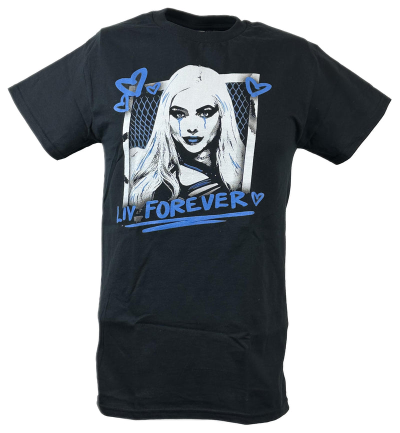 Load image into Gallery viewer, Liv Morgan Liv Forever Blue Logo Black T-shirt by EWS | Extreme Wrestling Shirts
