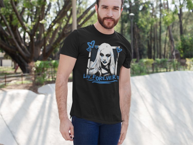 Load image into Gallery viewer, Liv Morgan Liv Forever Blue Logo Black T-shirt by EWS | Extreme Wrestling Shirts
