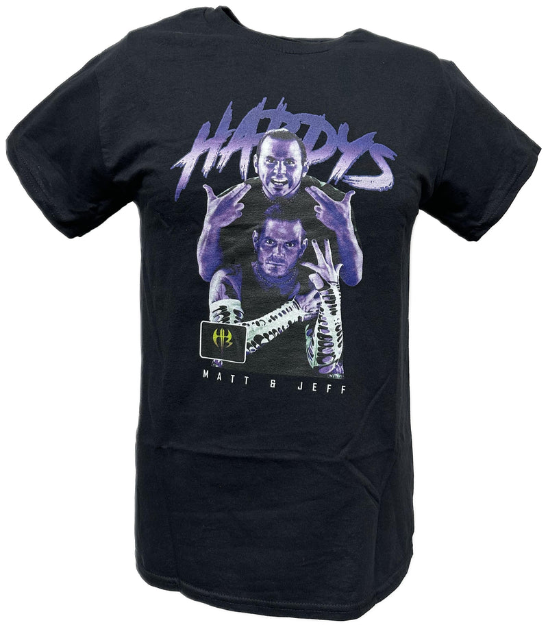 Load image into Gallery viewer, Matt and Jeff The Hardy Boyz Purple Pose Mens Black T-shirt by WWE | Extreme Wrestling Shirts
