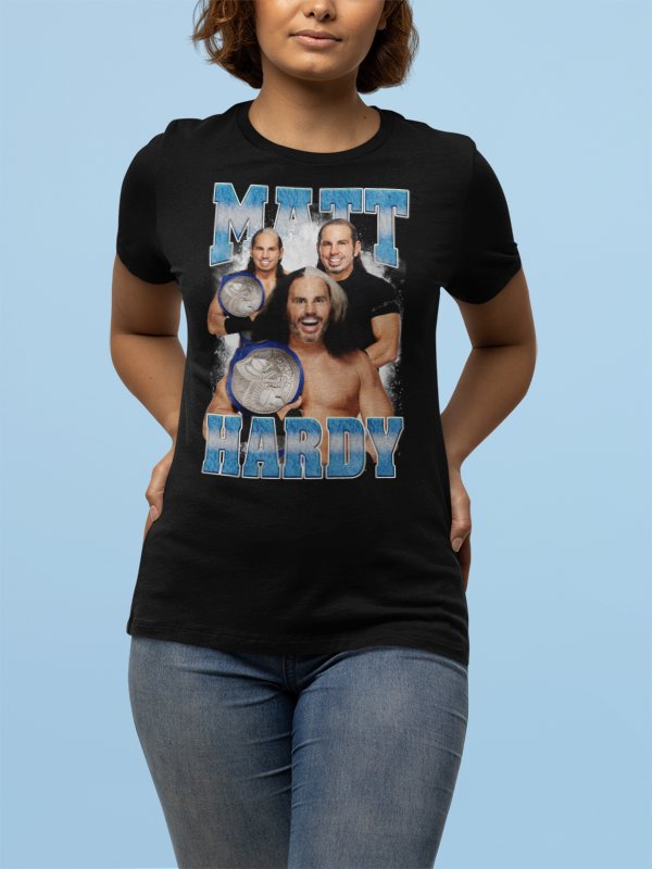 Load image into Gallery viewer, Matt Hardy Blue Logo Three Pose Black T-shirt by WWE | Extreme Wrestling Shirts
