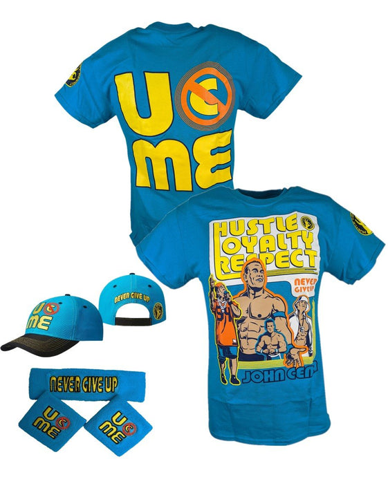 John Cena Mens Blue Throwback Costume Hat T-shirt Wristbands