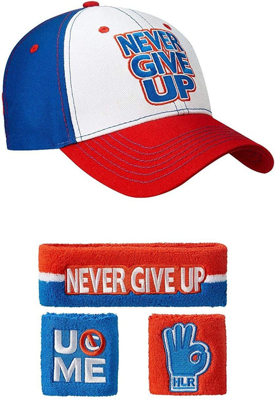 John Cena Red White Blue Never Give Up Baseball Hat Headband Wristband Set