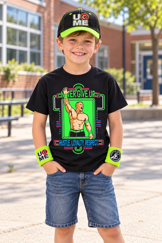 John Cena Kids Neon Green Boys Costume T-shirt Hat Wristbands