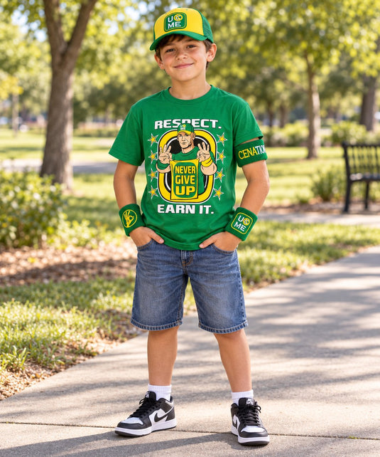 John Cena Earn The Day Youth Boys Costume T-shirt Baseball Hat Headband Wristbands