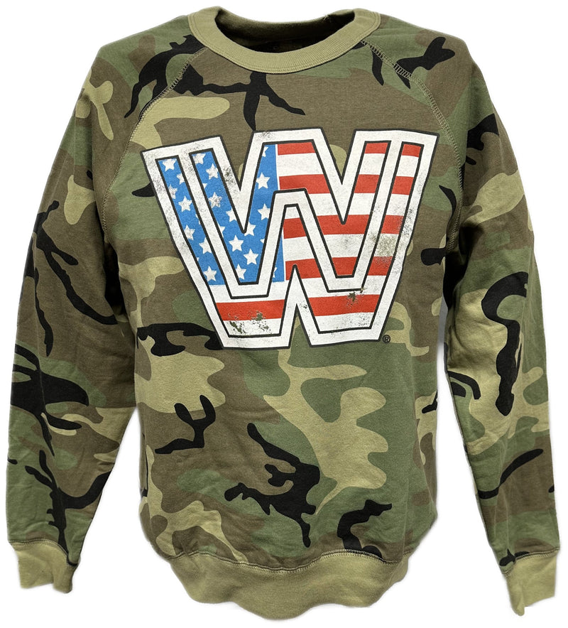 Load image into Gallery viewer, WWE Logo Camoflage Long Sleeve USA Sweatshirt

