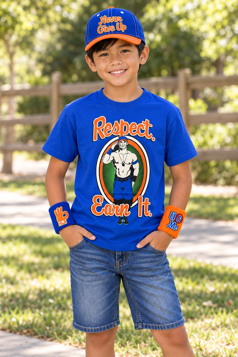Load image into Gallery viewer, John Cena Kids Boys Respect Earn It Costume T-shirt Baseball Hat Headband Wristbands
