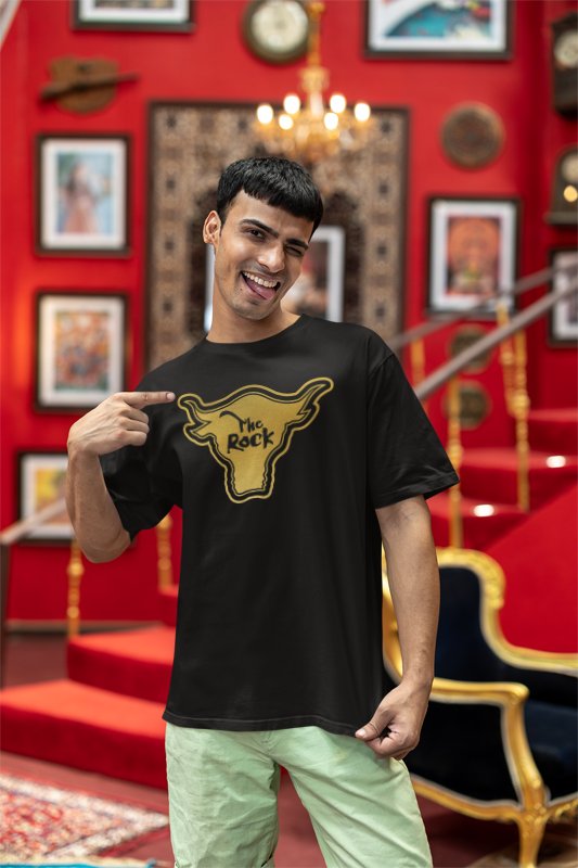 Load image into Gallery viewer, The Rock Gold Bull Logo Attitude Era Black T-shirt Front
