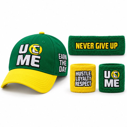 John Cena Green Yellow Earn The Day Baseball Hat Headband Wristband Set