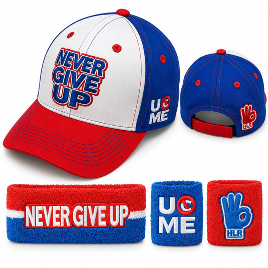 John Cena Red White Blue Never Give Up Baseball Hat Headband Wristband Set