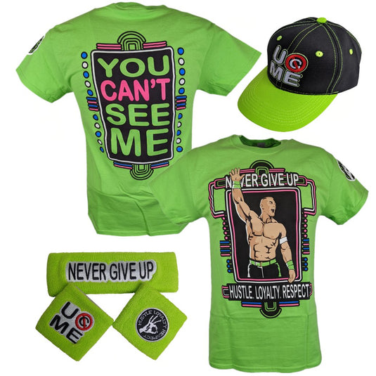 John Cena Mens Lime Green Neon Costume Hat T-shirt Wristbands