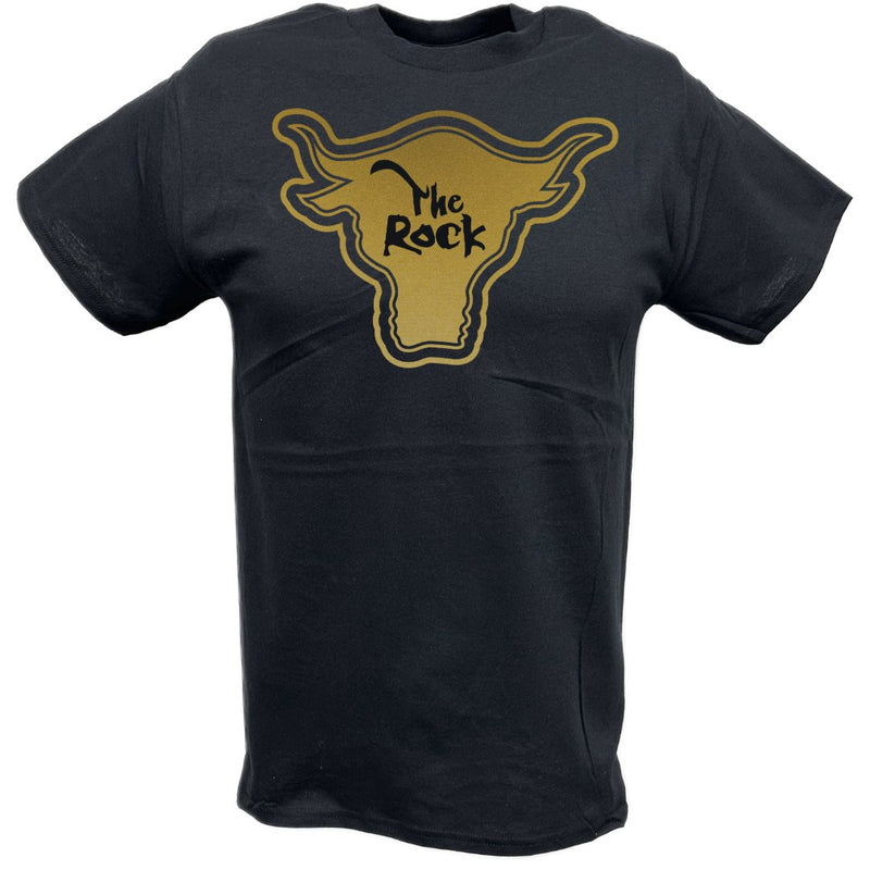 Load image into Gallery viewer, The Rock Gold Bull Logo Attitude Era Black T-shirt Front
