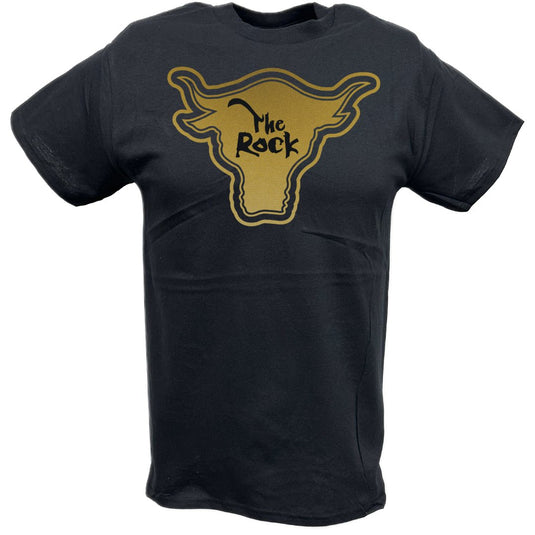 The Rock Gold Bull Logo Attitude Era Black T-shirt Front