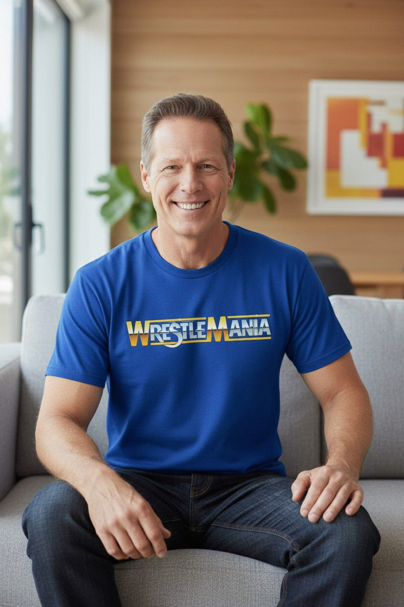 Load image into Gallery viewer, Wrestlemania Original Nostalgic Logo Blue T-shirt

