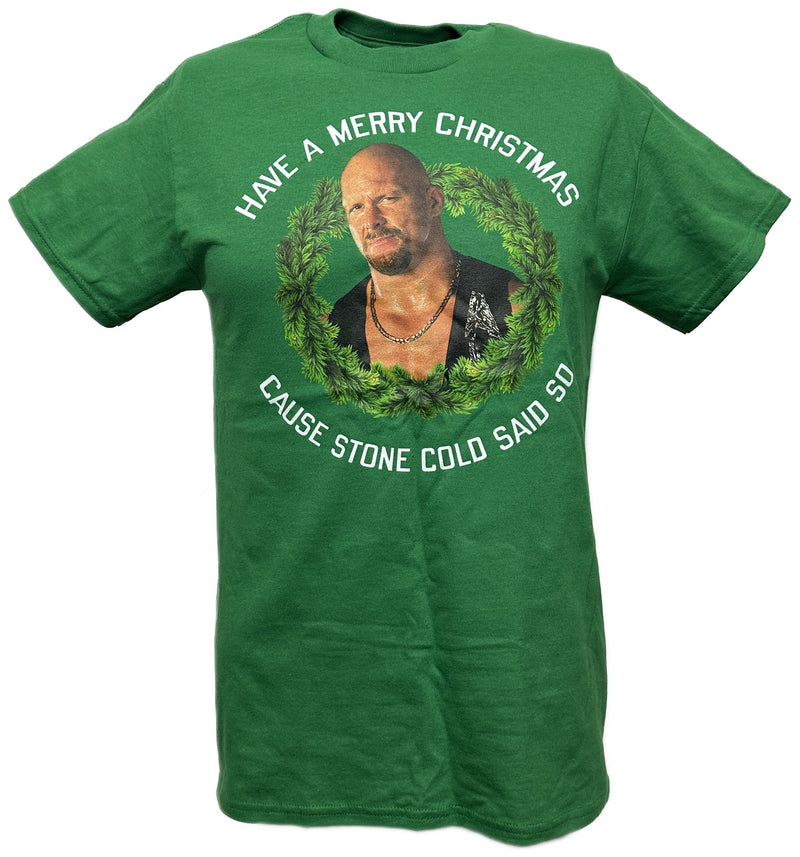 Load image into Gallery viewer, Merry Christmas Cause Stone Cold Steve Austin Said So WWE Mens Green T-shirt Sports Mem, Cards &amp; Fan Shop &gt; Fan Apparel &amp; Souvenirs &gt; Wrestling by Freeze | Extreme Wrestling Shirts
