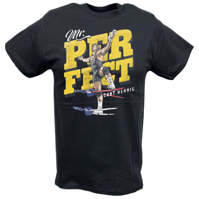 Load image into Gallery viewer, Mr Perfect Curt Hennis Top Rope Pose Black T-shirt by EWS | Extreme Wrestling Shirts
