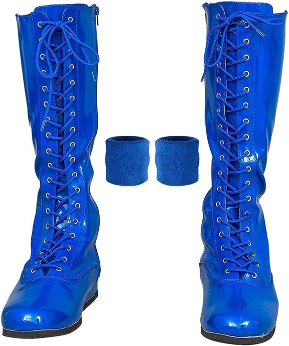 Pro Wrestling Lace-Up Boots and Coordinating Wristbands Blue M Shoes by EWS | Extreme Wrestling Shirts