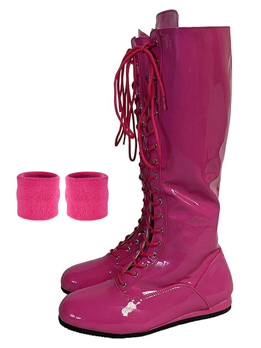 Pro Wrestling Lace-Up Boots and Coordinating Wristbands Pink XL Shoes by EWS | Extreme Wrestling Shirts