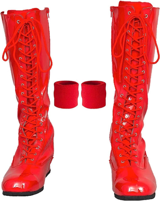 Pro Wrestling Lace-Up Boots and Coordinating Wristbands Red L Shoes by EWS | Extreme Wrestling Shirts