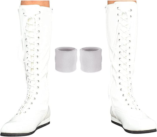 Pro Wrestling Lace-Up Boots and Coordinating Wristbands White S Shoes by EWS | Extreme Wrestling Shirts