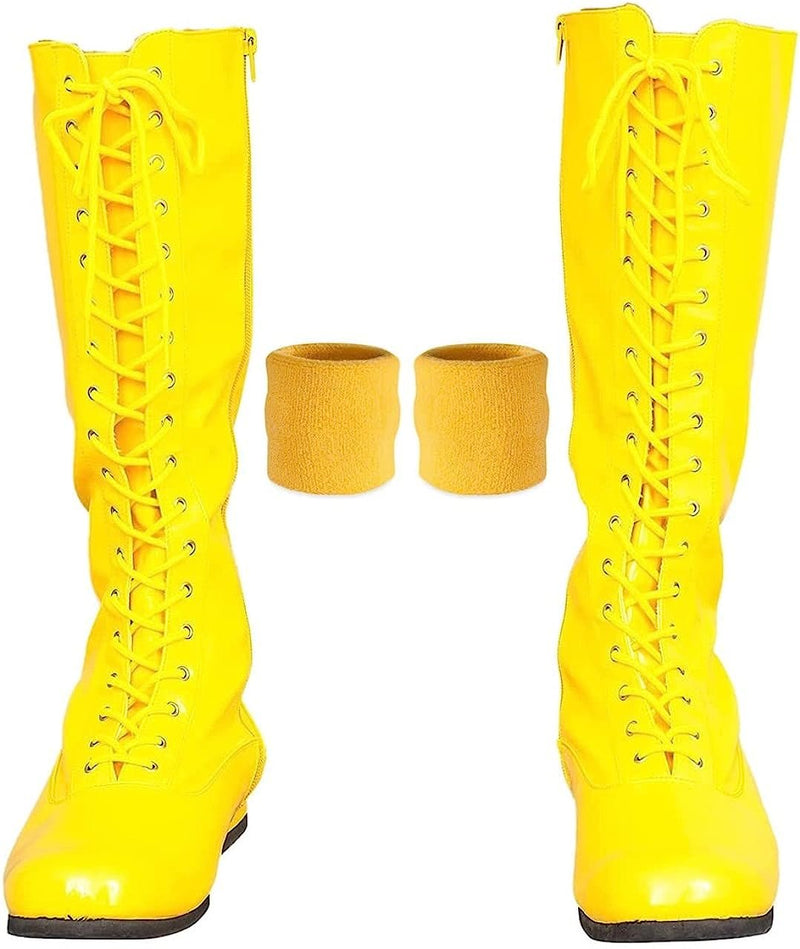 Load image into Gallery viewer, Pro Wrestling Lace-Up Boots and Coordinating Wristbands Yellow L Shoes by EWS | Extreme Wrestling Shirts
