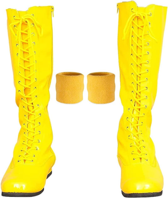 Pro Wrestling Lace-Up Boots and Coordinating Wristbands Yellow L Shoes by Generic | Extreme Wrestling Shirts
