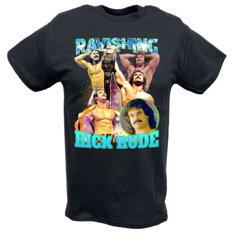 Load image into Gallery viewer, Ravishing Rick Rude Collage Black T-shirt by EWS | Extreme Wrestling Shirts
