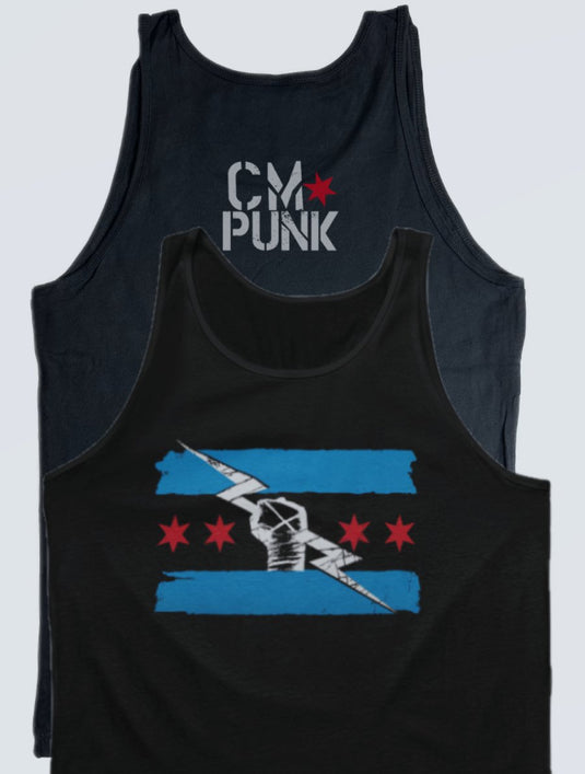 Return of CM Punk Red White Blue Logo Black Tank Top Shirt by EWS | Extreme Wrestling Shirts