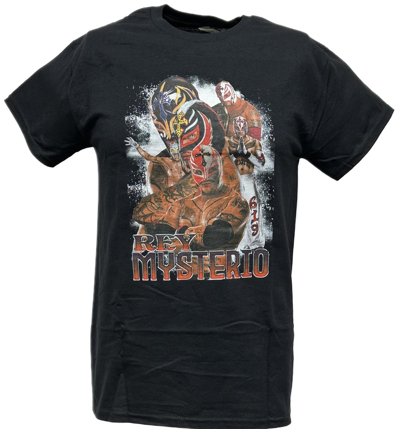 Load image into Gallery viewer, Rey Mysterio Five Pose Mens Black T-shirt by EWS | Extreme Wrestling Shirts
