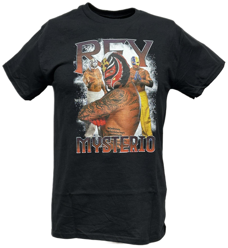 Load image into Gallery viewer, Rey Mysterio Iconic Poses Men&#39;s Black T-shirt by WWE | Extreme Wrestling Shirts
