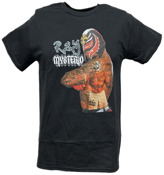 Rey Mysterio Sideways Duo Pose Mens Black T-shirt WWE by WWE | Extreme Wrestling Shirts