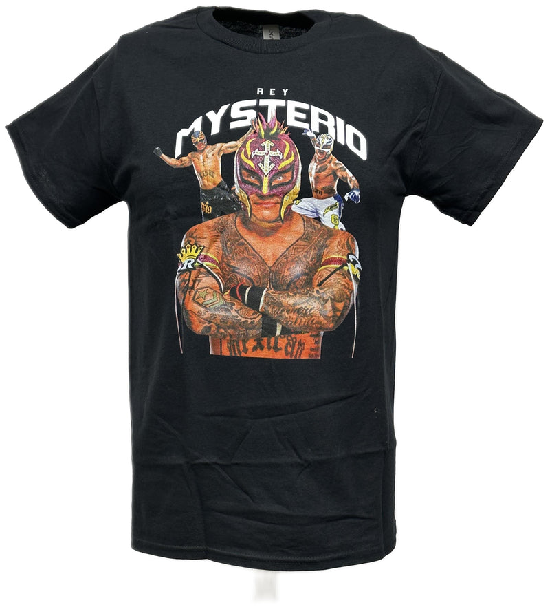 Load image into Gallery viewer, Rey Mysterio Three Pose Men&#39;s Black T-shirt by WWE | Extreme Wrestling Shirts
