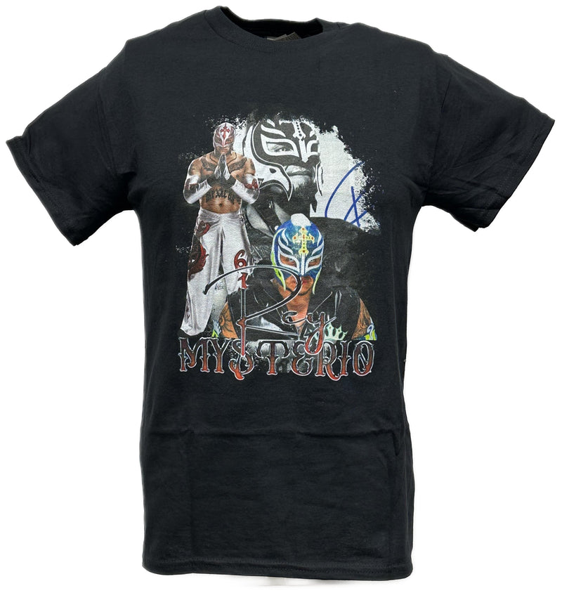 Load image into Gallery viewer, Rey Mysterio Three Pose Signature Mens Black T-shirt WWE by WWE | Extreme Wrestling Shirts
