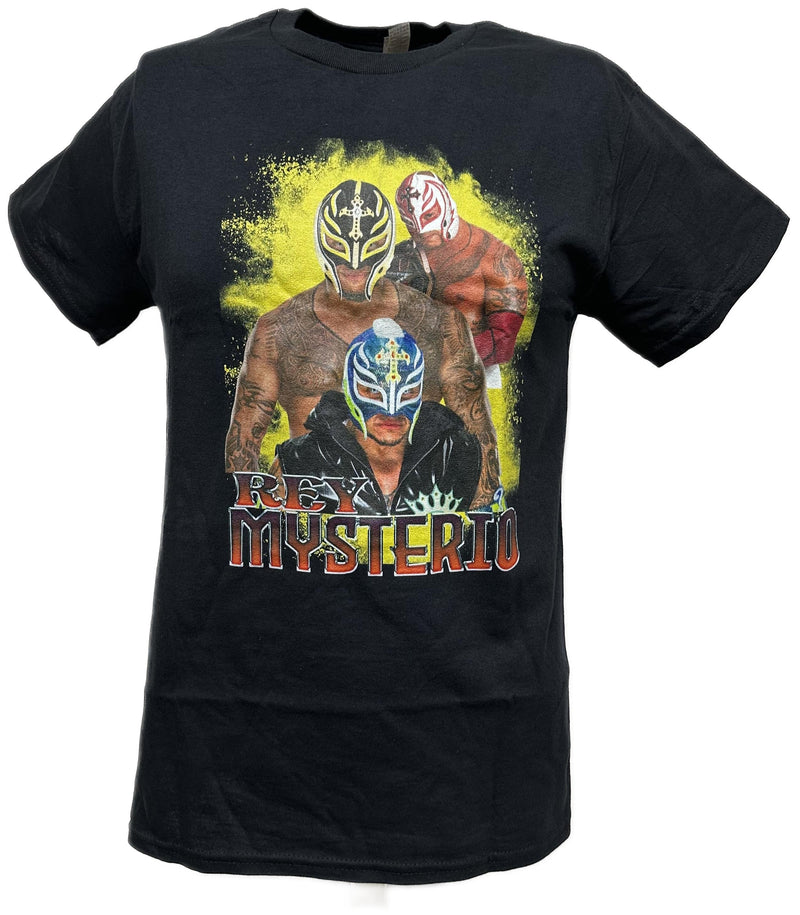 Load image into Gallery viewer, Rey Mysterio Triple Mask Men&#39;s Black T-shirt by WWE | Extreme Wrestling Shirts
