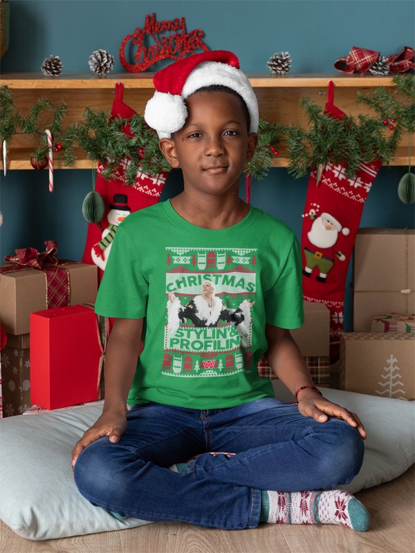 Load image into Gallery viewer, Ric Flair Christmas Stylin and Profilin Flair Kids Youth Green T-shirt by EWS | Extreme Wrestling Shirts
