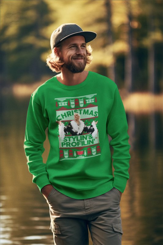 Load image into Gallery viewer, Ric Flair Christmas Stylin and Profilin Flair Ugly Green Christmas Sweatshirt by WWE | Extreme Wrestling Shirts
