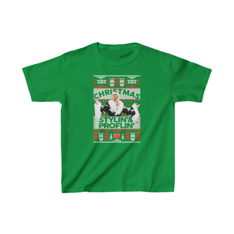 Load image into Gallery viewer, Ric Flair Christmas Stylin and Proflin Flair Kids Youth Green T-shirt by EWS | Extreme Wrestling Shirts
