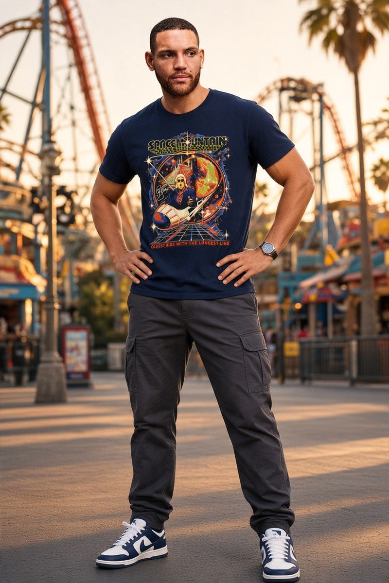 Load image into Gallery viewer, Ric Flair Oldest Ride Longest Line Roller Coaster Navy T-shirt by EWS | Extreme Wrestling Shirts
