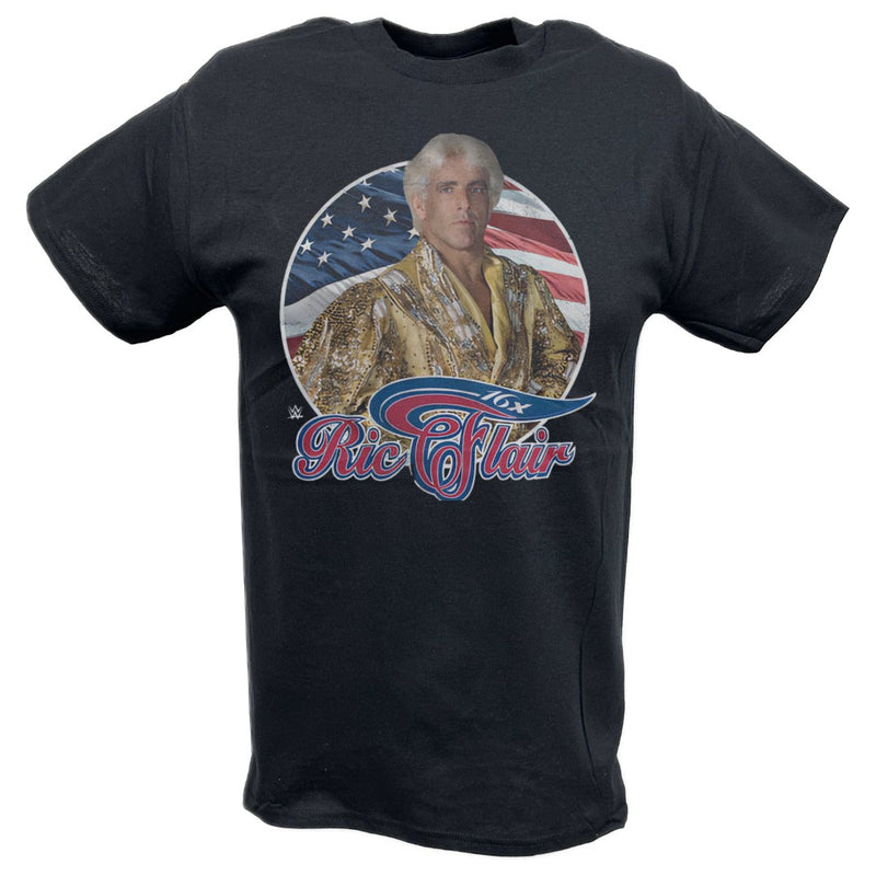 Load image into Gallery viewer, Ric Flair Real American 16x USA Flag Black T-shirt by EWS | Extreme Wrestling Shirts
