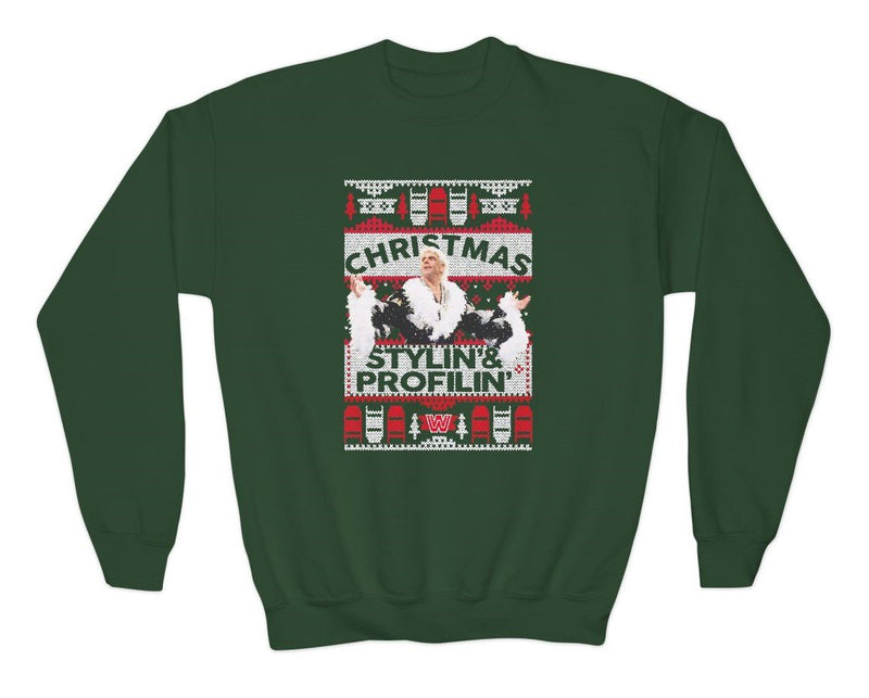 Load image into Gallery viewer, Ric Flair Stylin and Profilin Flair Ugly Green Kids Youth Christmas Sweater by EWS | Extreme Wrestling Shirts
