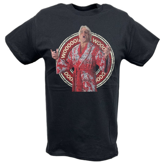 Ric Flair Wooo Red Robe Circle Logo Black T-shirt by EWS | Extreme Wrestling Shirts