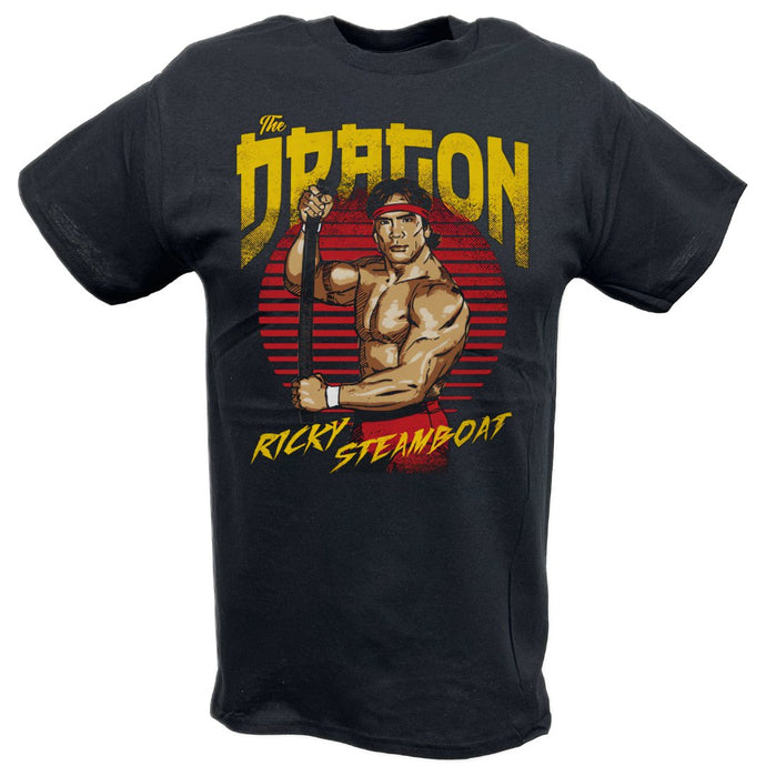 Ricky The Dragon Steamboat Cartoon Black T-shirt by EWS | Extreme Wrestling Shirts