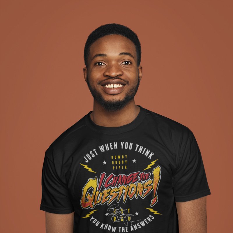 Load image into Gallery viewer, Roddy Piper I Change The Question Hot Rod Black T-shirt by EWS | Extreme Wrestling Shirts
