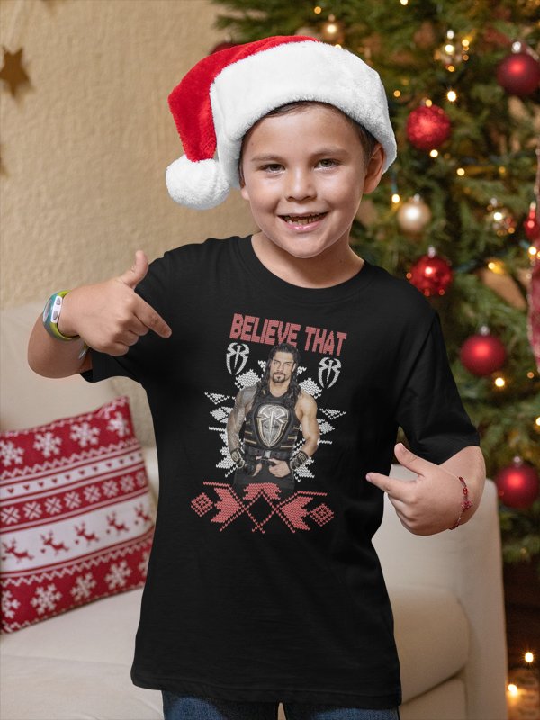 Load image into Gallery viewer, Roman Reigns Believe That Christmas Kids Youth Black T-shirt by EWS | Extreme Wrestling Shirts
