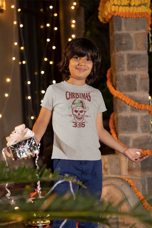 Load image into Gallery viewer, Stone Cold Steve Austin Christmas Skull Kids Youth Grey T-shirt by EWS | Extreme Wrestling Shirts
