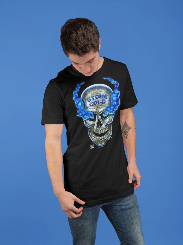 Load image into Gallery viewer, Stone Cold Steve Austin Smoking Blue Skull Black T-shirt by EWS | Extreme Wrestling Shirts
