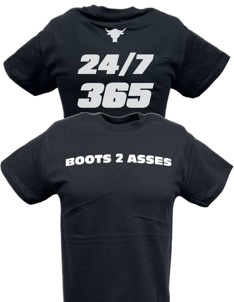 Load image into Gallery viewer, The Rock 24-7-365 Team Bring It Boots to Asses Mens Black T-shirt Sports Mem, Cards &amp; Fan Shop &gt; Fan Apparel &amp; Souvenirs &gt; Wrestling by Hybrid Tees | Extreme Wrestling Shirts
